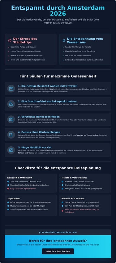 Infographic guide for a relaxing Amsterdam city trip in 2026 featuring travel tips and canal tour booking information.