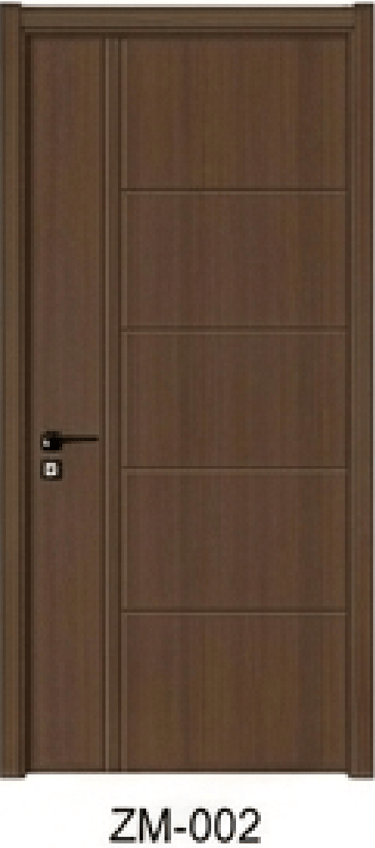 Modern dark walnut wood interior door with horizontal panels and black handle for home decor.