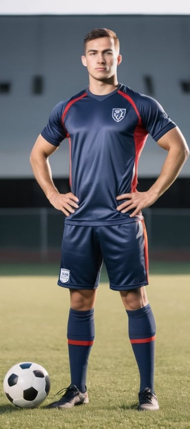 a man in a soccer uniform standing in front of a soccer ball