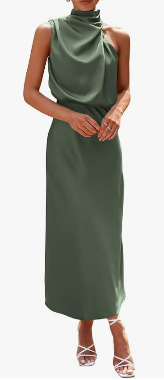 olive green satin dress with high neck and loose fabric