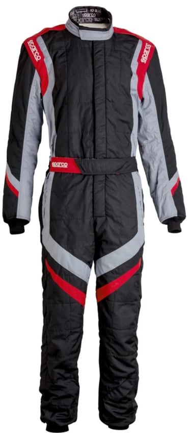 Black Sparco racing suit with red and grey accents for professional driver safety and comfort.