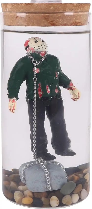 Jason Voorhees horror water lamp glowing with eerie light, inspired by Friday the 13th.