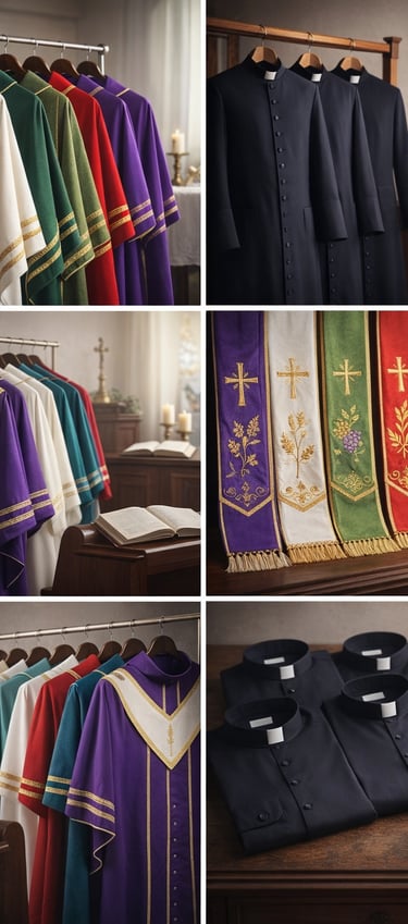Collection of liturgical vestments and priest chasubles with embroidered stoles for church services