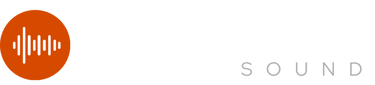 Touchstone Sound words and logo with white stylized audio waveform graphic inside an orange circle