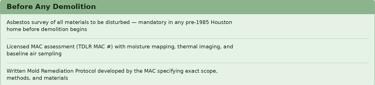 Checklist for pre-demolition asbestos surveys and mold remediation protocols for Houston homes.