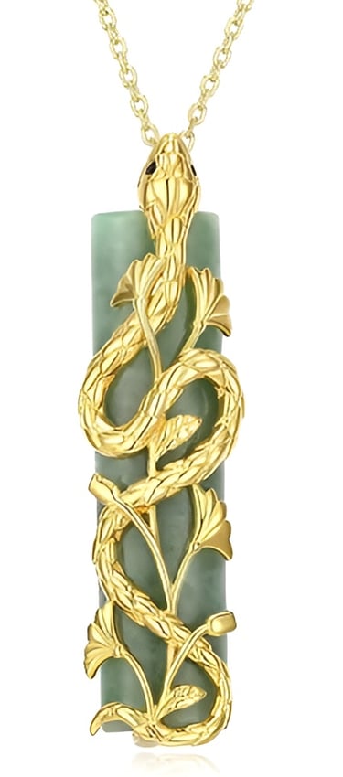 Jade Cylinder Bead at the Center.  Sterling Silver. Transformative Snake Pendant, Cabochon-cut Black Sapphire Gemstone Eyes