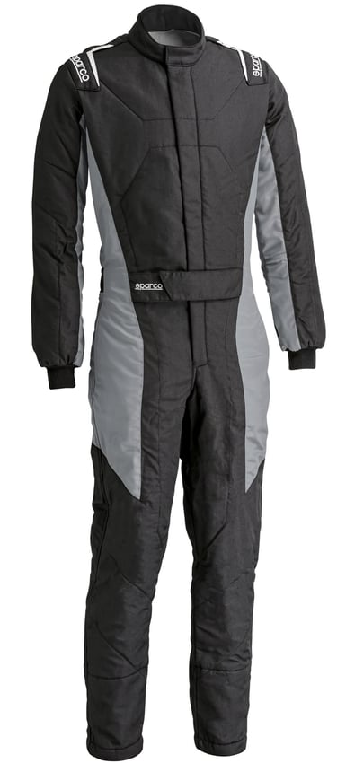 Black and grey Sparco karting suit, a professional one-piece racing jumpsuit for drivers.