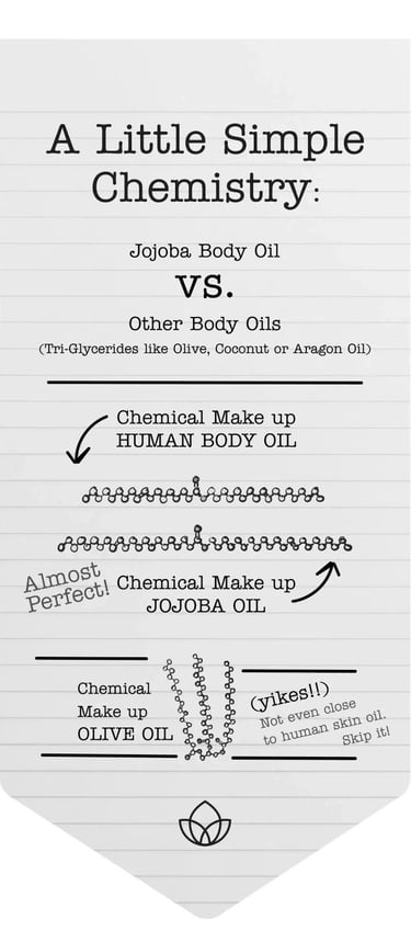 Comparison chart showing molecular similarity between human body oil, jojoba oil, and olive oil.