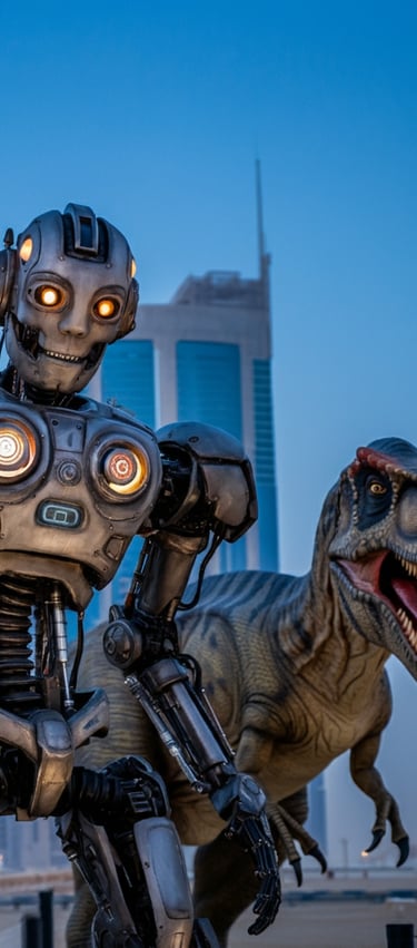 a robot like robot with a dinosaur in the background