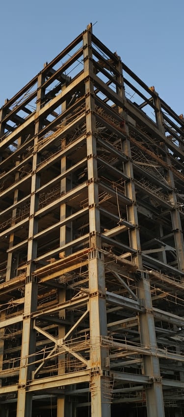 a large building with a crane in the background