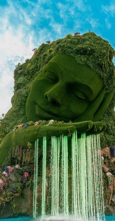 a giant green statue of a man with a waterfall in the background