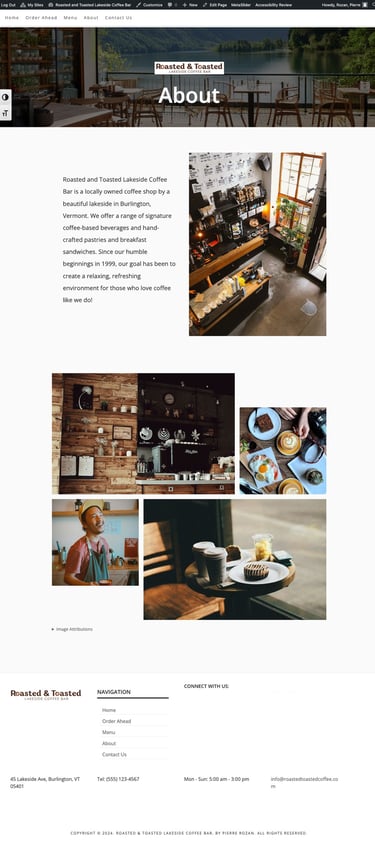 About webpage with images of cafe interior, food, employees, and text about Roasted and Toasted.
