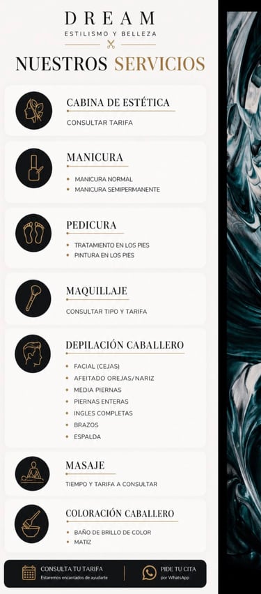 Service menu for Dream Estilismo y Belleza beauty salon offering manicure, pedicure, makeup, and massage.