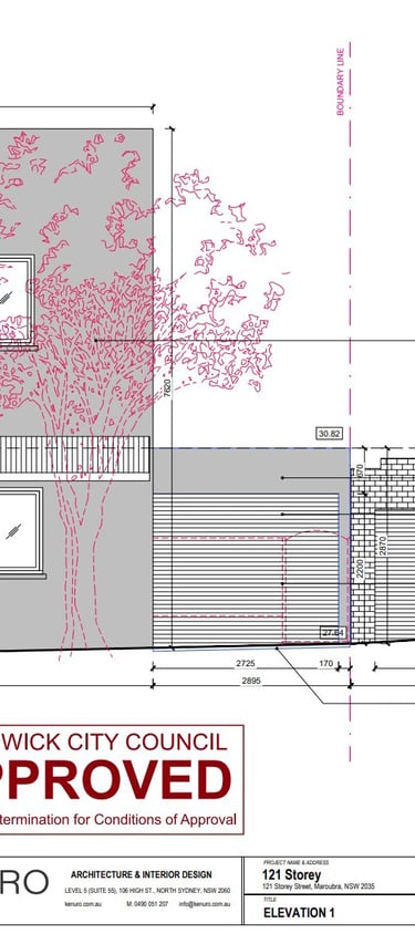 Front elevation approved by Randwick Council showing new driveway access, roller door and streetscape interface in Maroubra