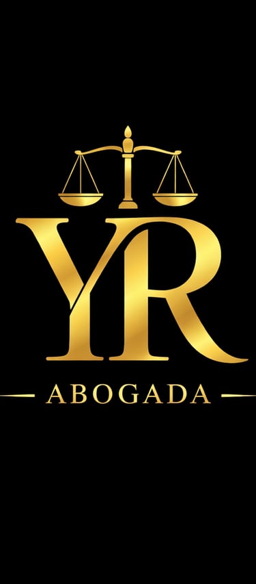 Gold YR law firm logo with scales of justice and Abogada text on a black background.