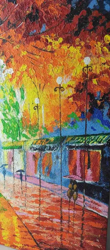 "Handmade painting of an evening street walk in the rain with reflections and warm lights-for international trade"