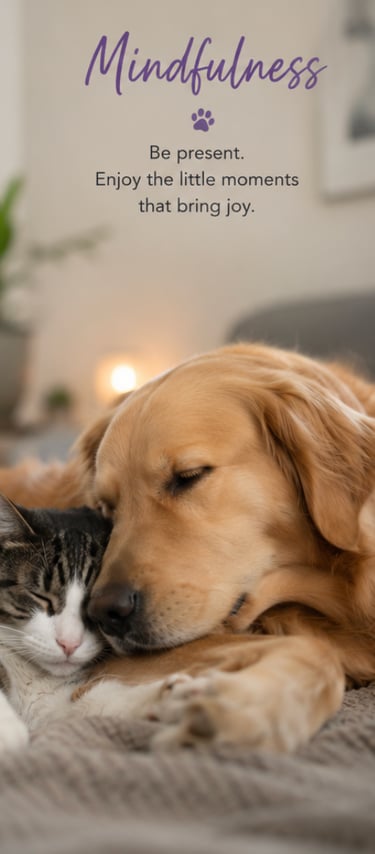Golden Retriever and tabby cat sleeping together with a mindfulness quote about being present.