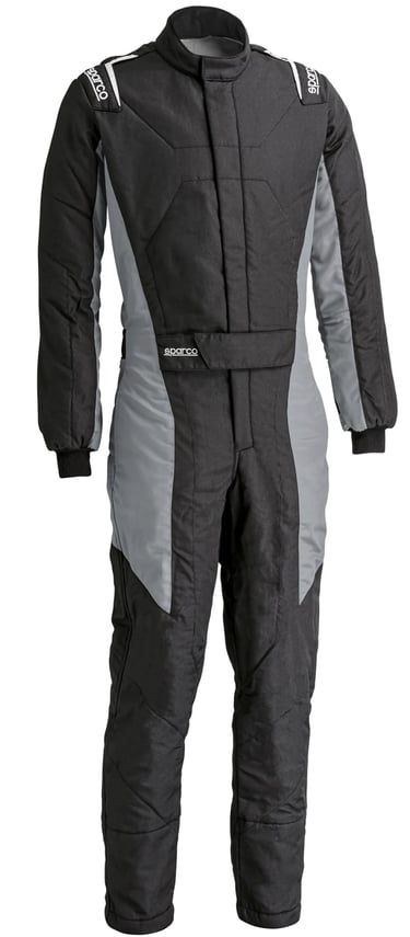 Black and grey Sparco karting suit, a professional one-piece racing jumpsuit for drivers.