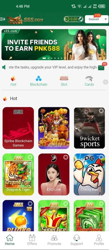 home screen with categories and games - s55 game app