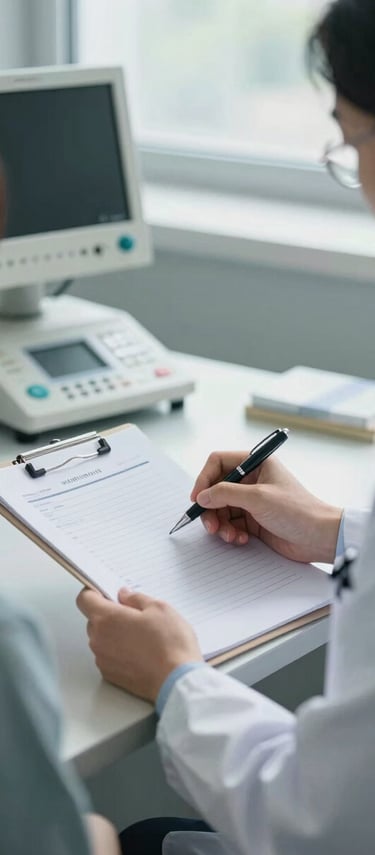 Medium environmental shot inside a clinical admission office: a psychiatrist seated at a desk reviews a patient intake chart under soft north-facing daylight, pen in hand, medical binder open, a monitoring station visible in the background — clean, institutional setting, no posed smiles, cool overcast light