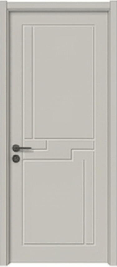 Modern light gray interior door with a geometric recessed panel design and a black lever handle.