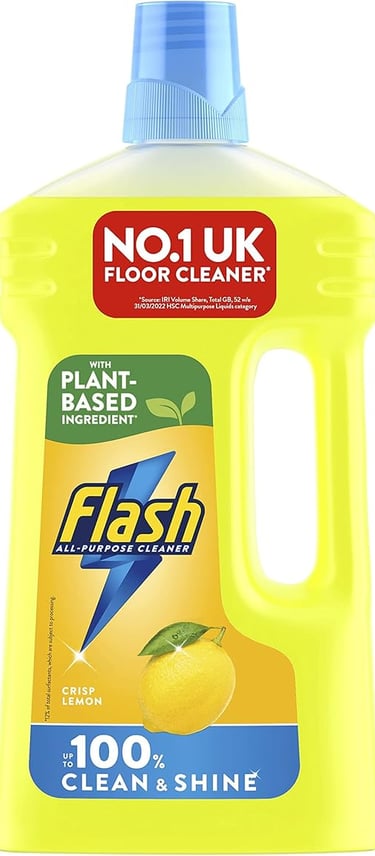 a bottle of flash cleaner with a yellow liquid