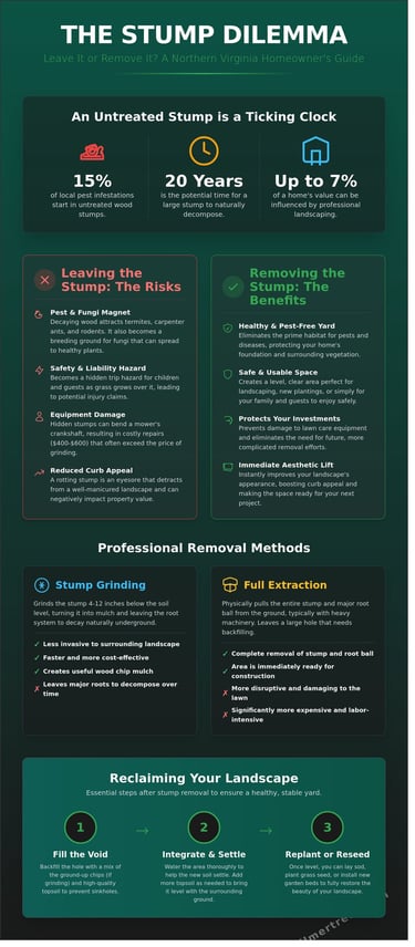 Infographic guiding Falls Church homeowners on whether to leave a stump or remove it for safety and landscape health.