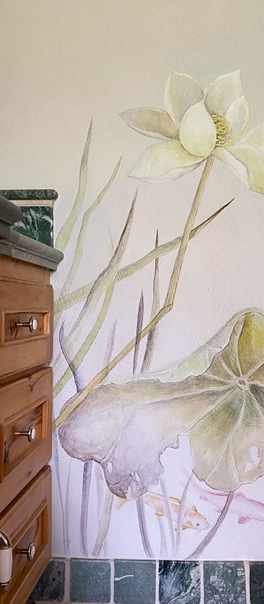 Bathroom mural with white lotus flower and seedpod with koi fish taking refuge amongst the flora.