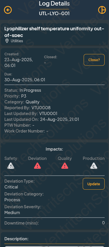 Screenshot of vtrac AI interface for electronic log and issues log details.