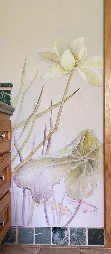 Bathroom mural with white lotus flower and seedpod with koi fish taking refuge amongst the flora.