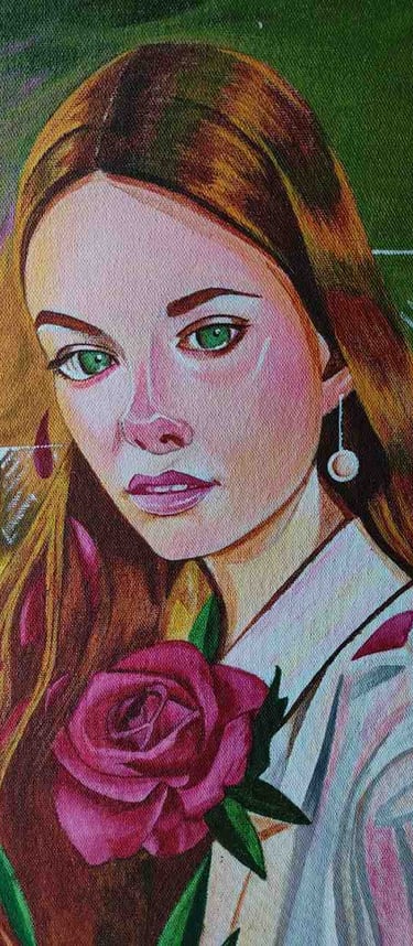 "A stunning portrait of a woman with golden hair, green eyes, and a red rose-Export-ready"