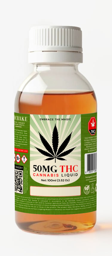 A 100ml bottle of 50mg THC cannabis liquid edible with a green label and white cap.