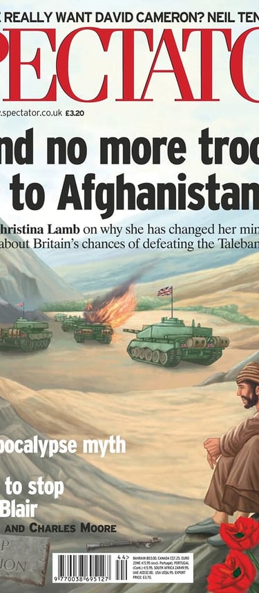 Cover artwork for the Spectator magazine showing Afghan men waving to tanks in the desert.