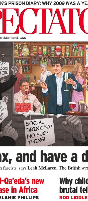 Artwork of several people drinking in a pub for the cover of the Spectator magazine.