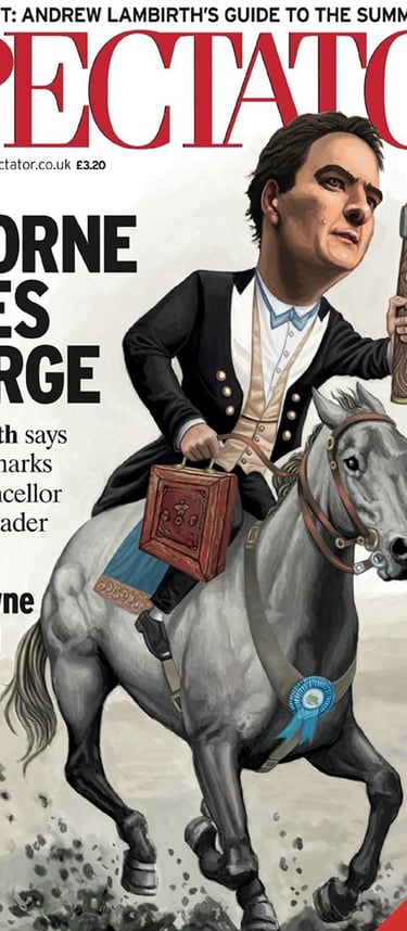 Cover art for the Spectator magazine with George Osborne on a horse, and David Cameron running.