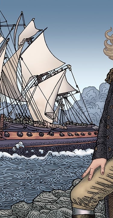 Artwork for ConHome of penny Mordaunt as a sailor in front of an old ship on the water.