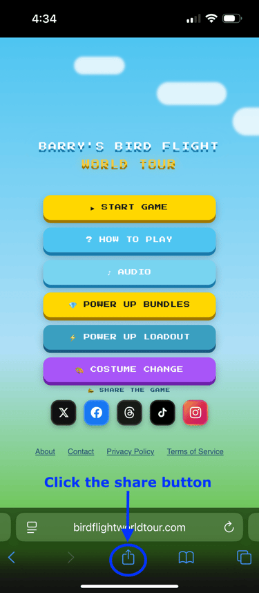 Mobile game menu for Barry's Bird Flight World Tour showing start and power up buttons.