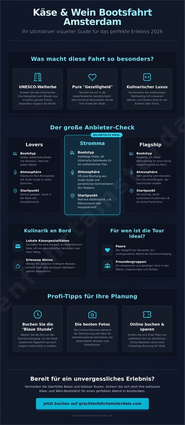 Infographic for Amsterdam cheese and wine boat tours featuring cruise comparisons and travel tips.