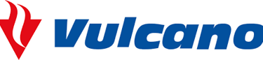 Vulcano brand logo with blue italicized text and a red flame icon for heating solutions.