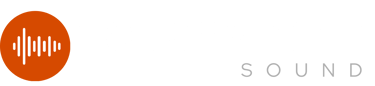 Touchstone Sound words and logo with white stylized audio waveform graphic inside an orange circle