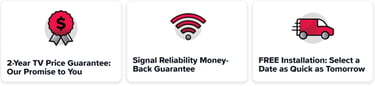 TV price guarantee, signal reliability, and free professional installation service icons.