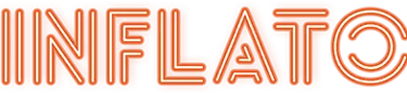 Glowing orange neon sign spelling the word INFLATO in a stylized retro font on a black background.