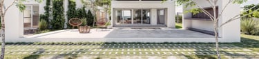 Render de una casa con una gran galería y un patio. Cumbres del Golf. Córdoba