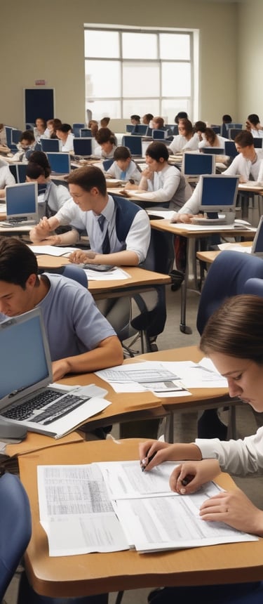 A focused student sitting at a desk with textbooks and a laptop, preparing for an English language exam.