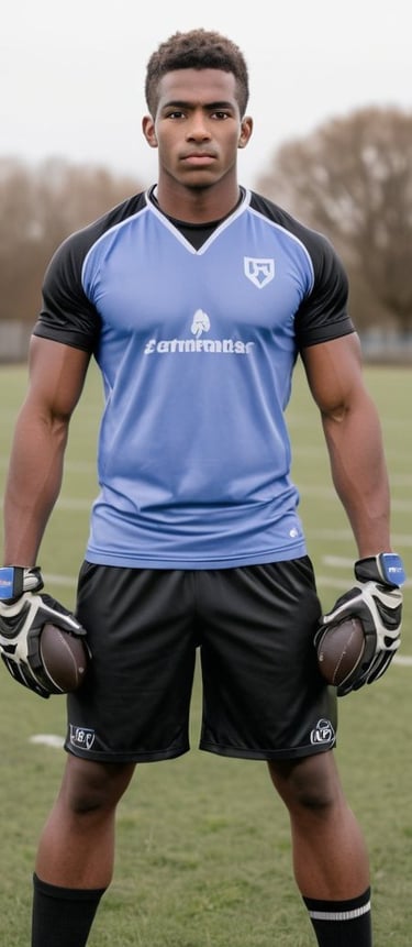a man in a blue jersey shirt and gloves holding a football ball