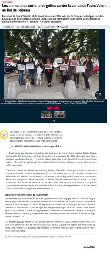article le progrès animalistes 43 spectacle ours le puy en velay