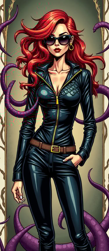 A vibrant red-haired woman in a sleek black leather jumpsuit and sunglasses, with purple tentacles framing her.