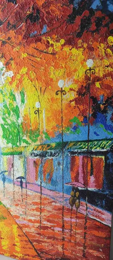 "Handmade painting of an evening street walk in the rain with reflections and warm lights-for international trade"