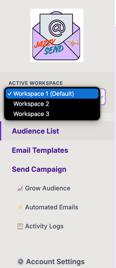 JazzySend multi-brand engine workspace toggle