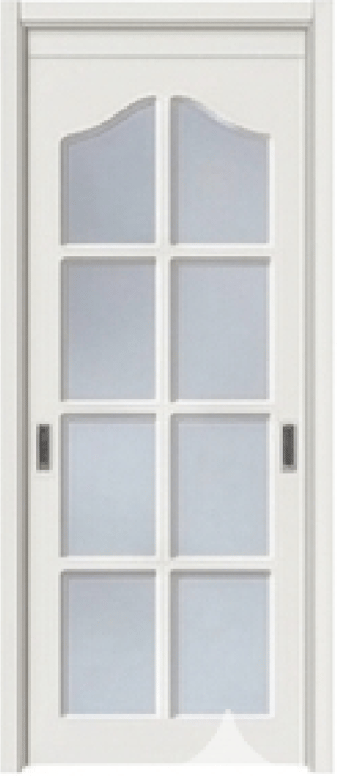 White interior sliding pocket door with an 8-panel arched glass lite design.